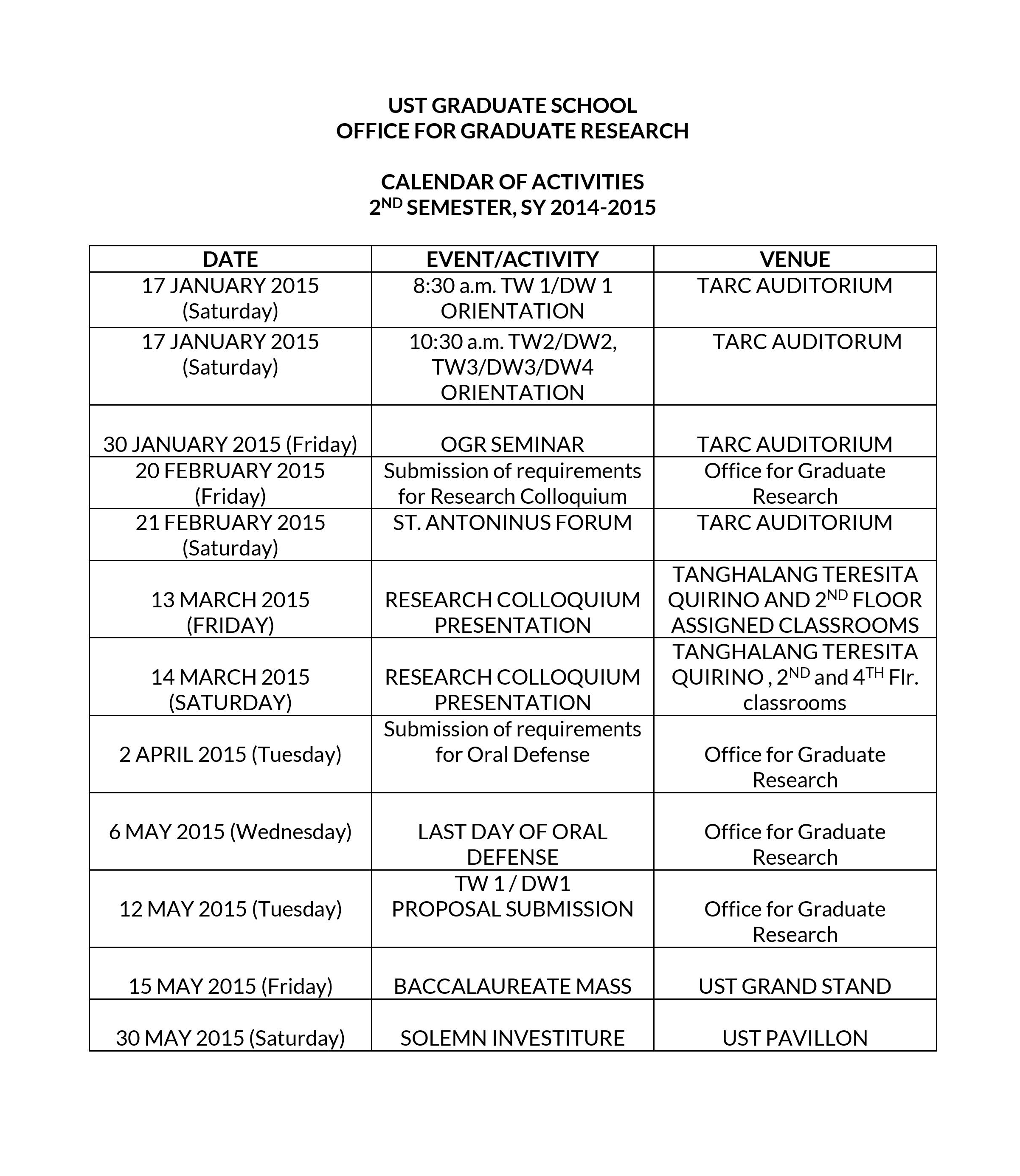 Calendar Of Activities OGR UST Graduate School Calendar Of Activities OGR UST Graduate School